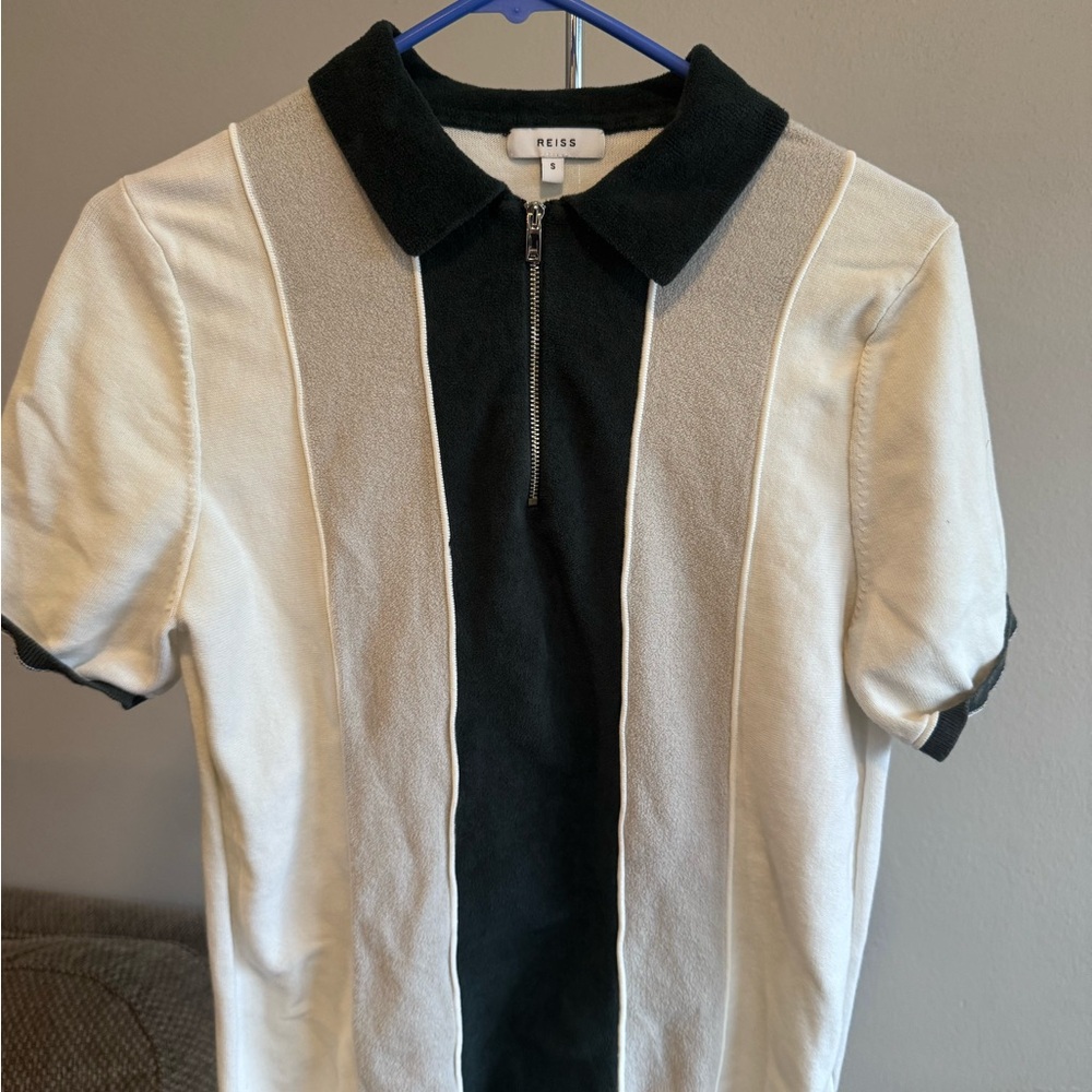Reiss green, gray and white Zip-Up collared shirt